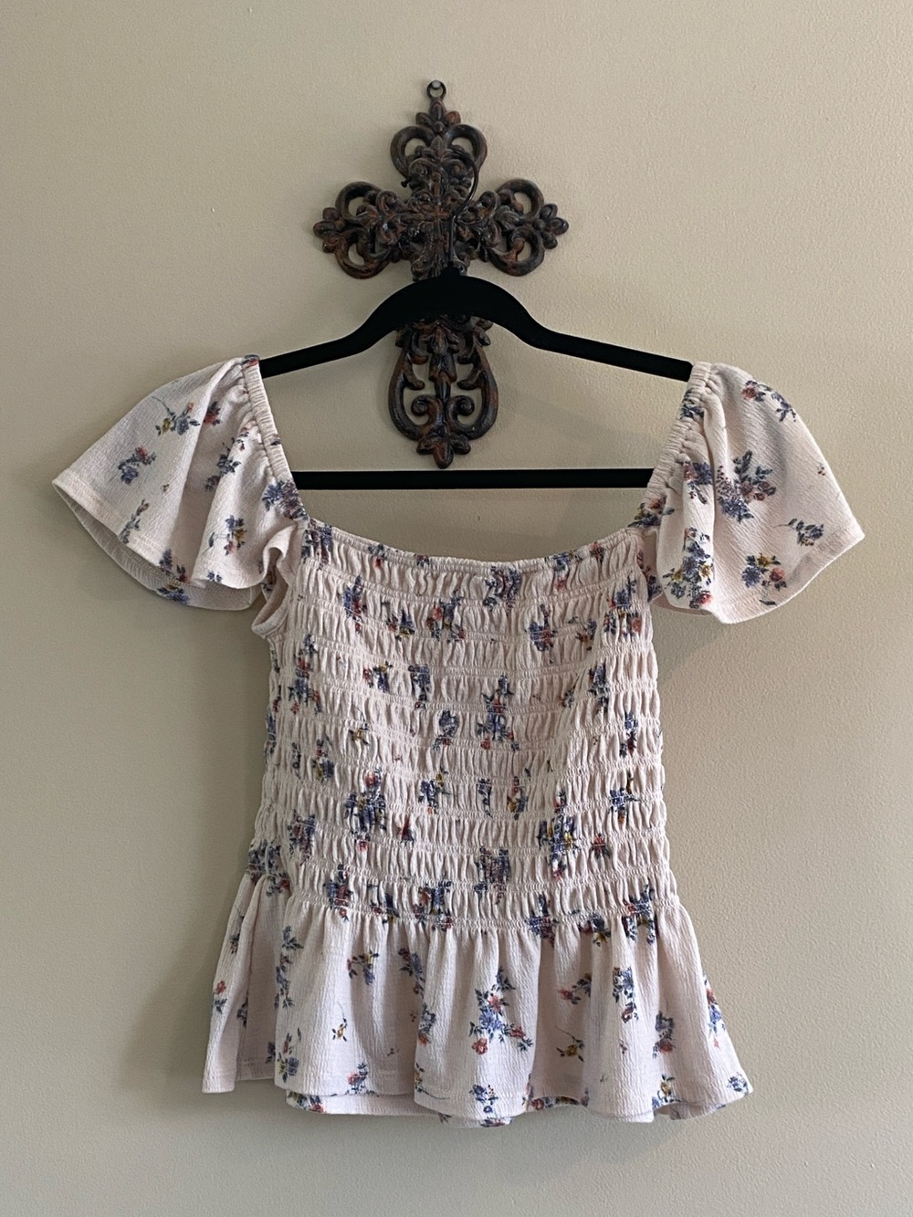 Rewind Cream Smocked Top with Blue and Pink Floral Accents